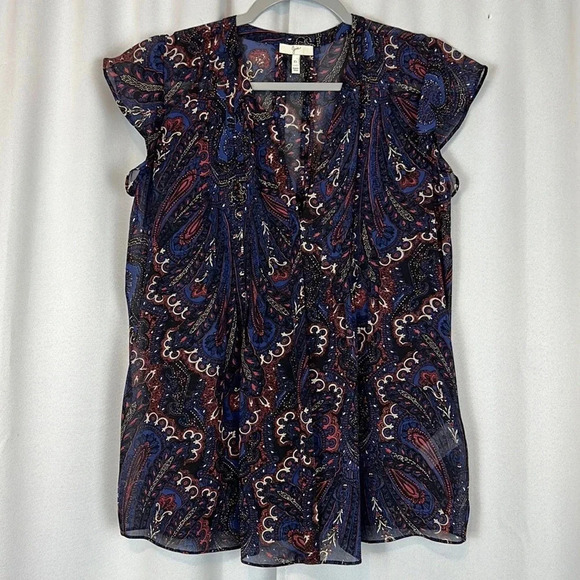 Joie Flutter Sleeve Blouse in Blue and Cream - Picture 1 of 6